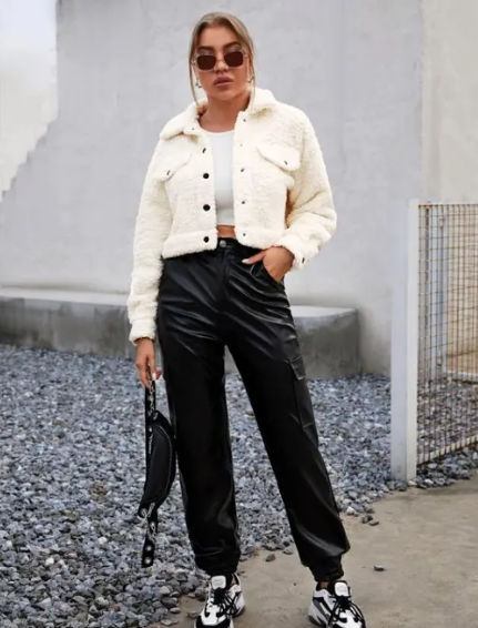White Casual Long Sleeve Shearling Plain Teddy Non-Stretch Winter Women Outerwear